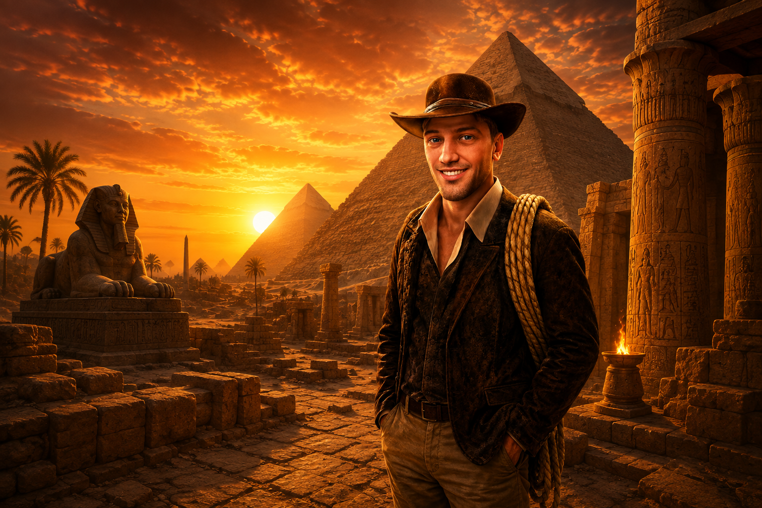 Explorer before the pyramids at sunset